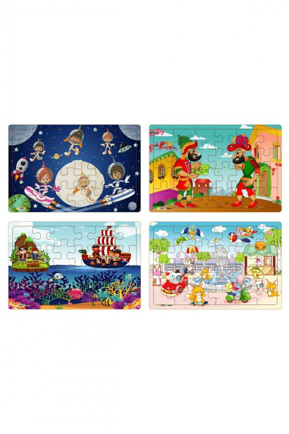 Yeni 4 Adet 24 Parçalı Ahşap Puzzle Yapboz uzaylı çocuklar, karagöz, korsanlar, parkta hayvanlar