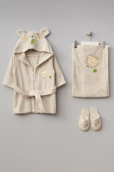 Bebitof %100 Pamuk Sevimli Kuzu Figürlü Bebek Bornoz Seti BBTF.BJ.30039