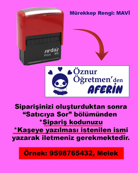 Öğretmen Kaşesi - Aferin, 912 (51mmX19mm) Mavi Keçeli Otomatik Kaşe ürün görseli