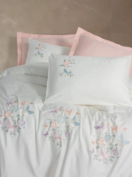 3D Nakışlı Çift Kişilik Saten Nev Takımı Liva Pudra - Resim 2