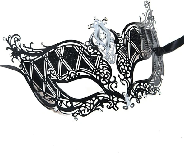 Kristal Gümüş Taşlı Siyah Renk Lazer Kesim Metal Lüks Maske B Parti - Resim 2