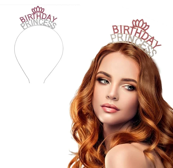 Kristal Taşlı Pembe Birthday Princess Yazılı Parti Tacı 19x11 cm ürün görseli