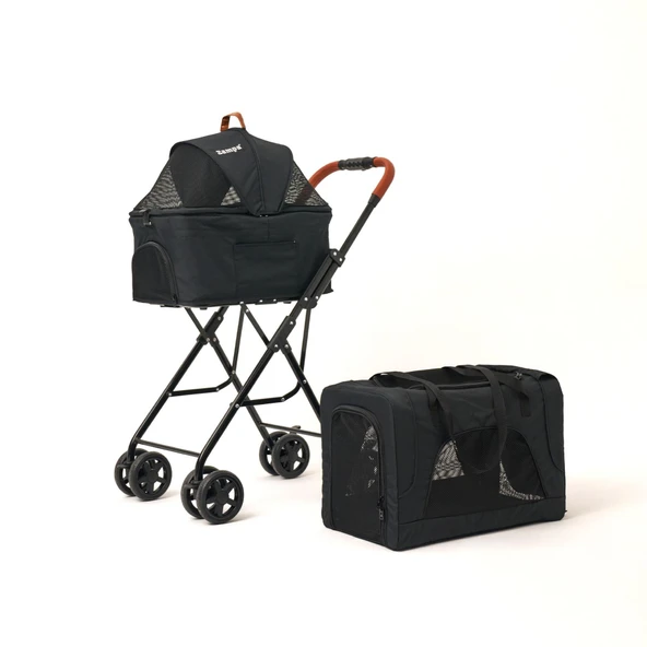 Zampa Tsunoda 2 Katlı Kedi Köpek Arabası Siyah - Konforlu ve Katlanabilir - 3