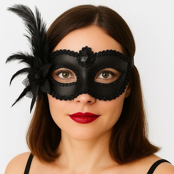 Siyaat Renk Yandan Tüylü Güllü Parti B Venedik Maskesi 16x22 ürün görseli