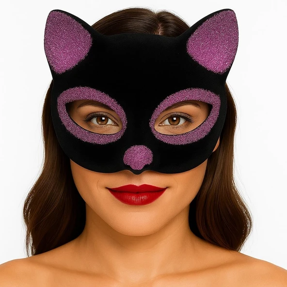 Siyah Renk Pembe Simli Süet Kaplama Kedi Maskesi 18x14 cm ürün görseli