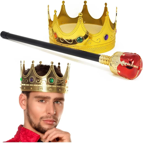 Altın Renk 60 cm Kral Tacı Kraliyet Tacı ve Kırmızı Topuzlu Kral Asası Seti ürün görseli
