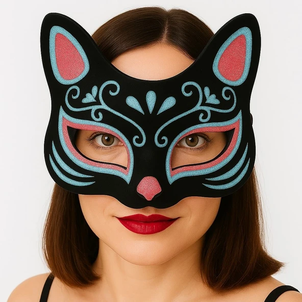 Siyah Renk Süet Kaplama Üzeri Mavi Kırmızı Simli Kedi Maskesi 17x14 cm ürün görseli