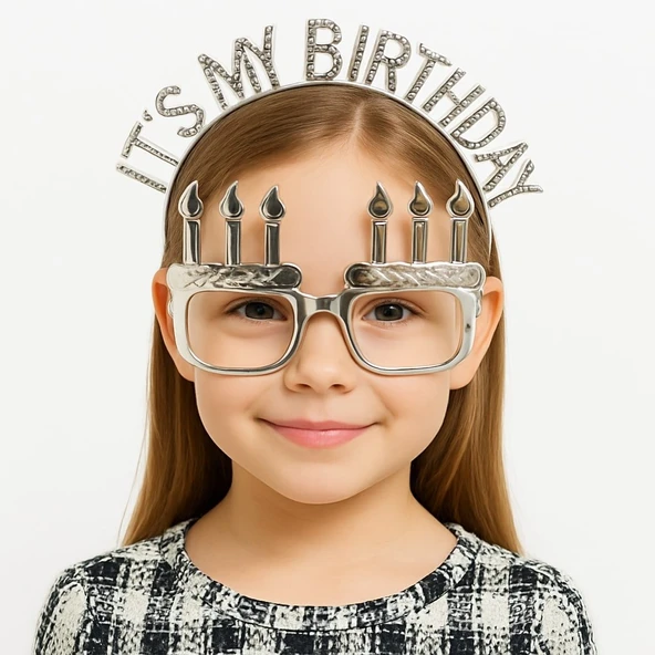 İt's My Birthday Yazılı Taç ve Mum Şekilli Gözlük Seti Gümüş Renk ürün görseli