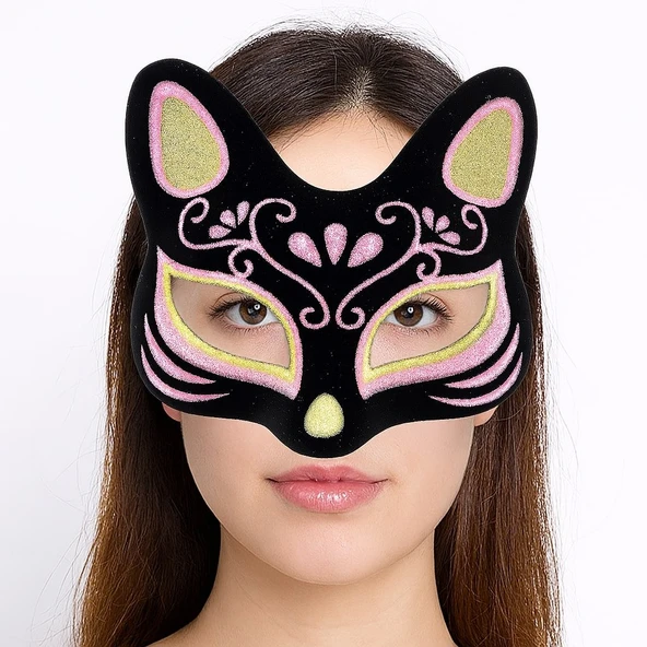 Siyah Renk Süet Kaplama Üzeri Sarı Pembe Simli Kedi Maskesi 17x14 cm ürün görseli