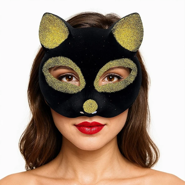 Siyah Renk Gold Simli Süet Kaplama Kedi Maskesi 18x14 cm ürün görseli