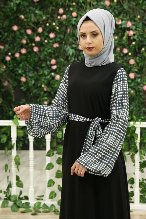 Kareli Balon Kol Tesettür Elbise - Siyah - 2