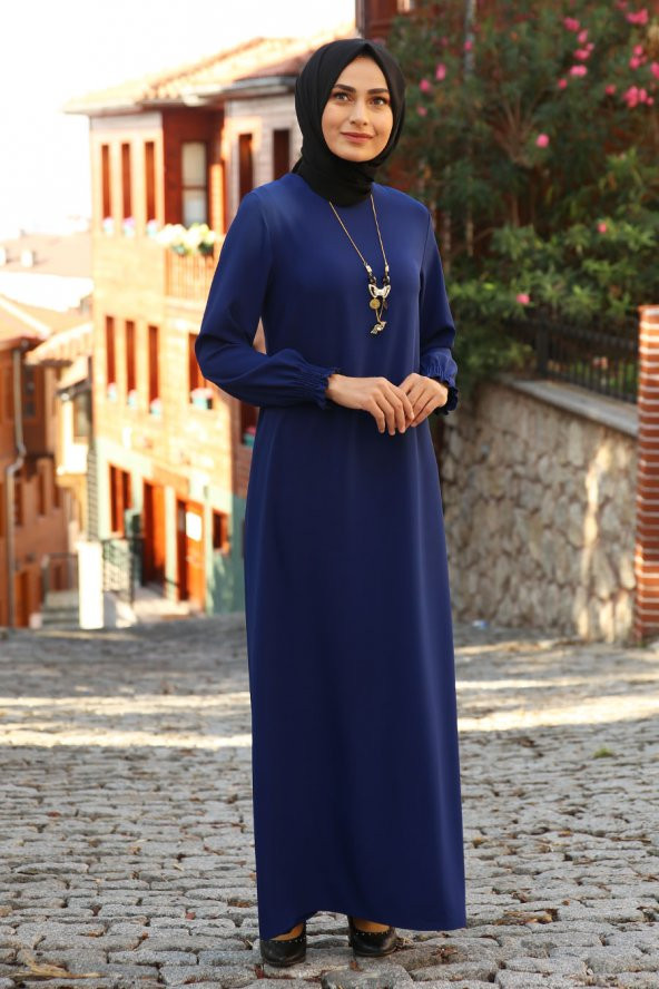 Kolyeli Tesettür Elbise - Saks