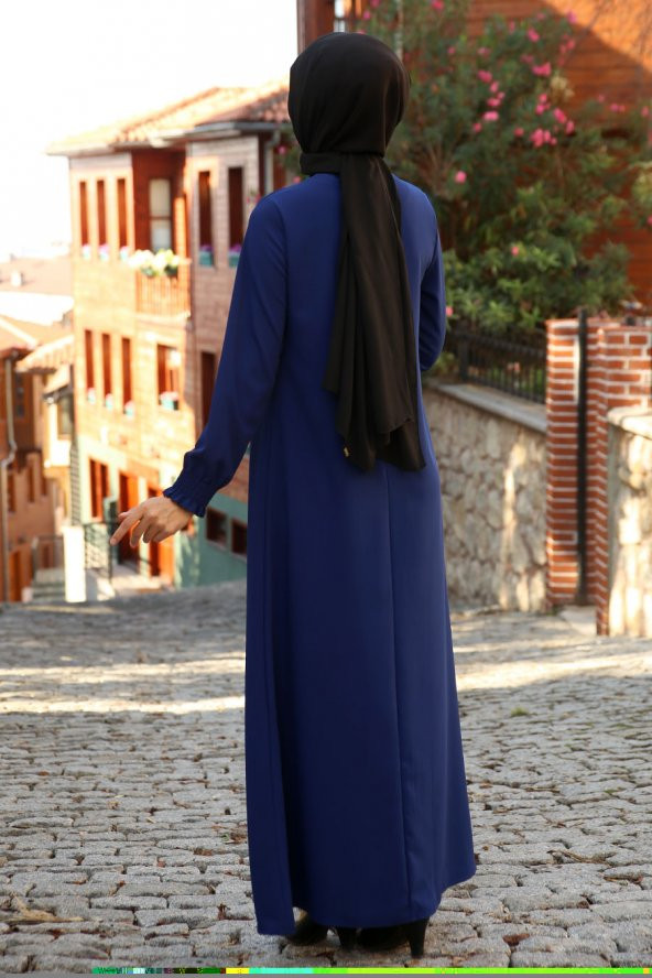 Kolyeli Tesettür Elbise - Saks - 3