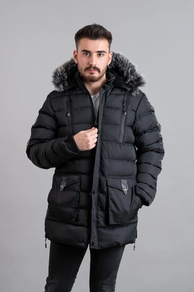 KAPŞONLU KAPİTONE İÇİ POLARLI ERKEK ŞİŞME MONT - 3