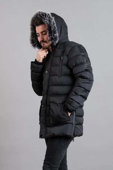 KAPŞONLU KAPİTONE İÇİ POLARLI ERKEK ŞİŞME MONT - 4