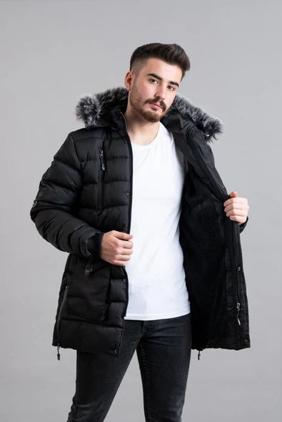 KAPŞONLU KAPİTONE İÇİ POLARLI ERKEK ŞİŞME MONT - 2