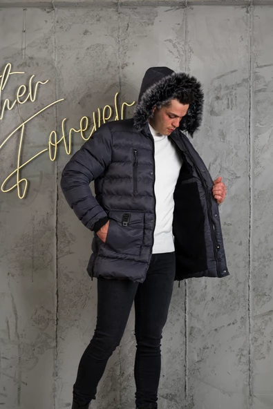 KAPŞONLU KAPİTONE İÇİ POLARLI ERKEK ŞİŞME MONT - 11