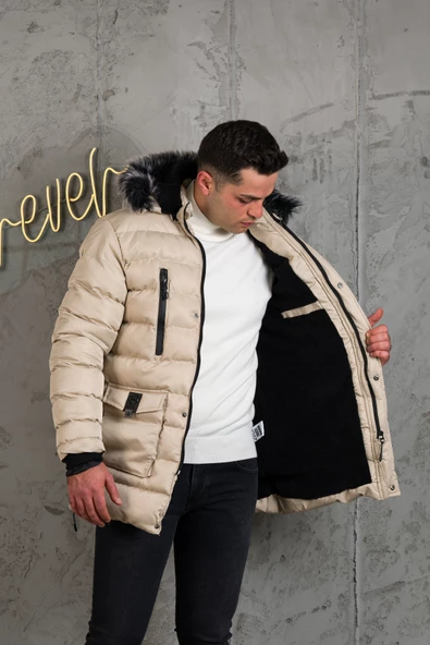 KAPŞONLU KAPİTONE İÇİ POLARLI ERKEK ŞİŞME MONT - 9