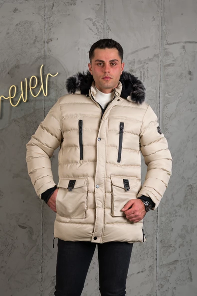 KAPŞONLU KAPİTONE İÇİ POLARLI ERKEK ŞİŞME MONT - 8