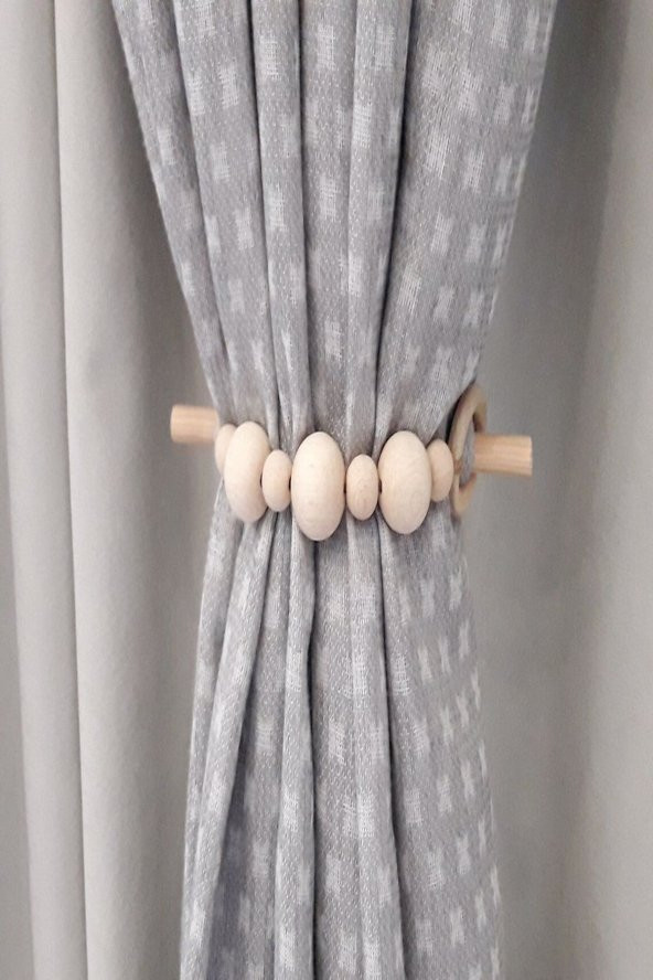 2 Adet Ahşap Sopalı Doğal Boncuklu Dekoratif Perde Tutacağı - 2