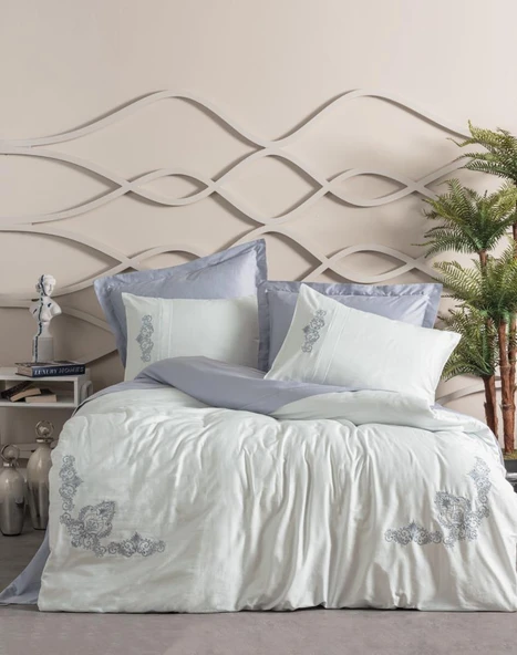 Nakışlı Çift Kişilik Saten Nev Takımı Bianna Gri ürün görseli