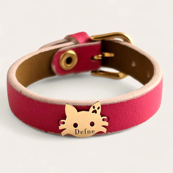 14 Ayar Altın Plakalı İsme Özel Kedi Figürlü Doğal Pembe Derili Hediye Bileklik-634 ürün görseli