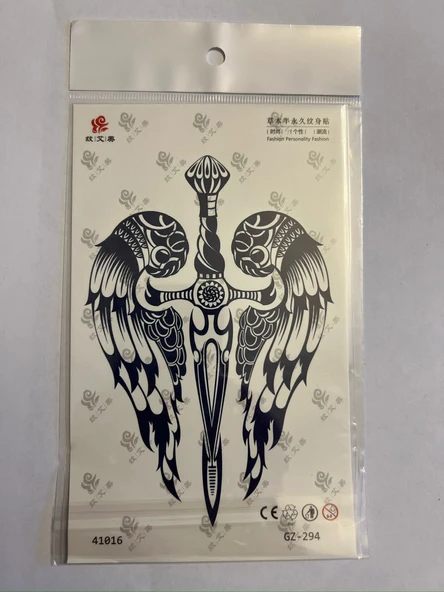 Kanatlı Kılıç 18x11 cm  1 Aylık Yarı Kalıcı Yapıştırma Geçici Dövme ürün görseli 1