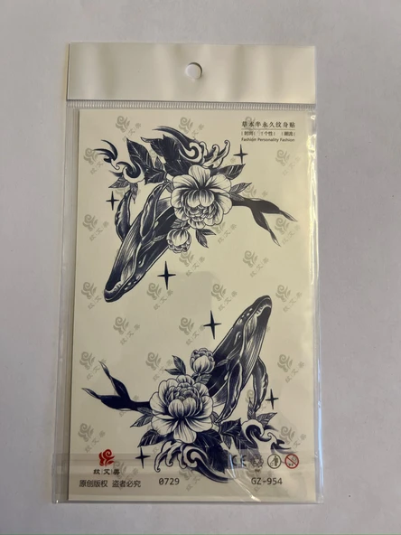 Çiçekli Balina 18x11 cm  1 Aylık Yarı Kalıcı Yapıştırma Geçici Dövme ürün görseli 1