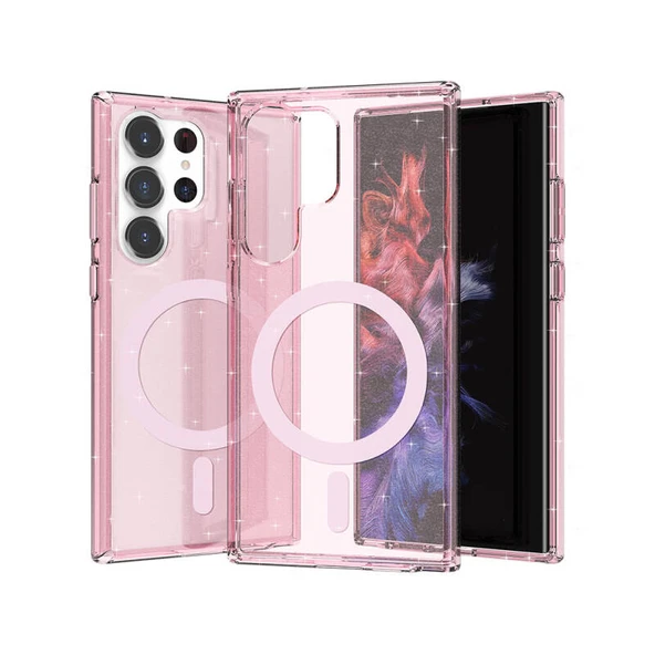 Samsung Galaxy S23 Ultra Kılıf Magsafe Destekli ve Renkli Simli Sert Şeffaf TPU Silikon Kapak Royal Case/Allstar ürün görseli