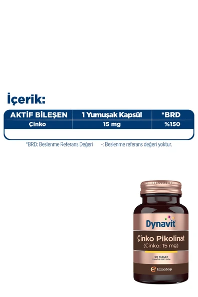 DynavitÇinko Pikolinat 15mg 60 Tablet - Saç & Cilt & Tırnak & Bağışıklık - Zinc Picolinate - Resim 3