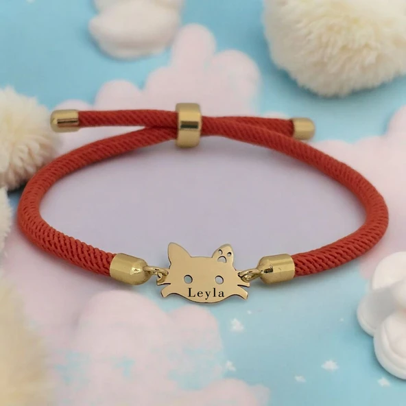 14 Ayar Altın Plakalı İsme Özel Kedi Motifli Turuncu İpek Örgülü Hediye Bileklik-635 ürün görseli