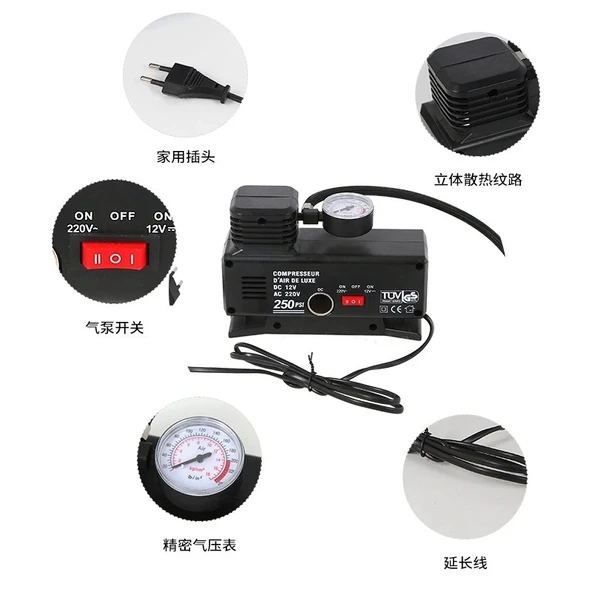220v Ile 12v Oto Elektriği Çalışan Ha Lastik Şişirme Kompresörü 250 Psı Çok Amaçlı Yol Yardımı