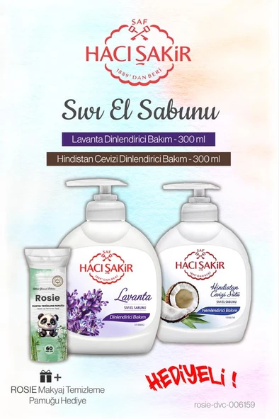 Hacı Şakir Lavanta ve Hindistan Cevizi 300 ml Sıvı Sabun ve Rosie Pamuk ürün görseli