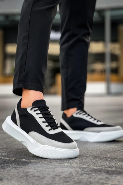 BA0354 Günlük Bağcıklı Erkek Gri Parçalı Siyah Yüksek Taban Spor Ayakkabı - 6