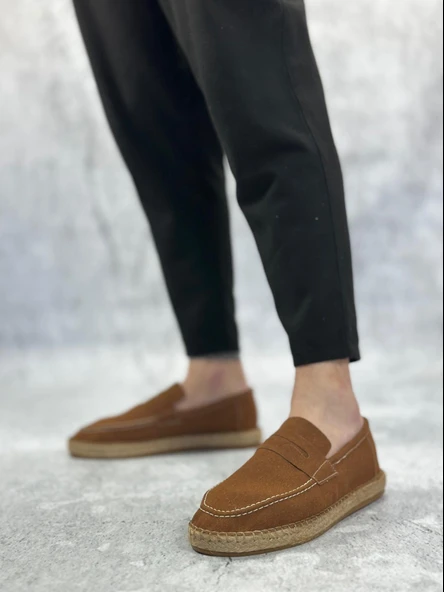 BA0359 BOA Doğal Deri Tozu Bağcıksız Kauçuk El Yapımı Espadril Taban Taba Renk Erkek Ayakkabı - 2