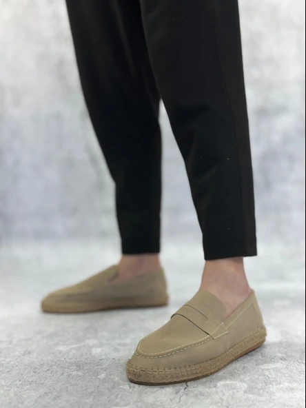 BA0359 BOA Doğal Deri Tozu Bağcıksız Kauçuk El Yapımı Espadril Taban Krem Renk Erkek Ayakkabı - 2