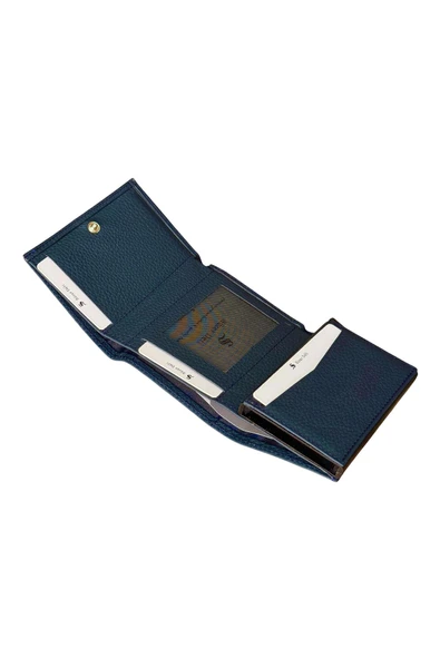 Lacivert Otomatik Mekanizmalı Üçe Katlamalı Hakiki Deri Kredi Kartlık - 3007-Lacivert - Resim 4