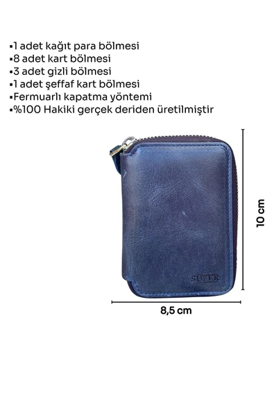 Crazy Lacivert Hakiki Deri Fermuarlı Mini Boy Unisex Spor Cüzdan - 3035-Lacivert - Resim 6