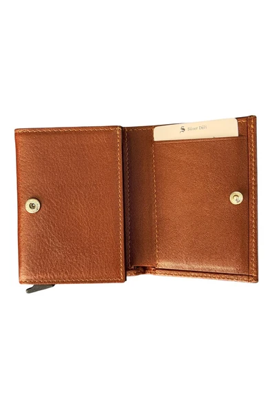 Taba Otomatik Mekanizmalı Üçe Katlamalı Hakiki Deri Kredi Kartlık - 3007-Taba - Resim 3