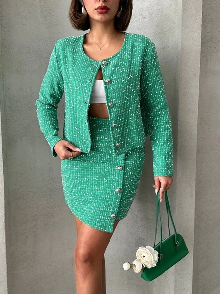 Ceketli etek takım chl kumaş yeşil h24443 ürün görseli 1