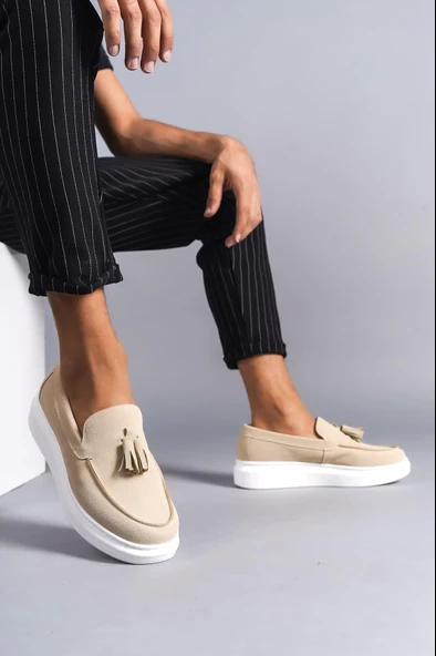 SLW154 Blaze Bağcıksız Püsküllü Süet Erkek Günlük Spor Klasik Ayakkabı SBT - Krem