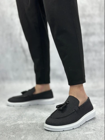 BA0005 Bağcıksız Yüksek Taban Klasik Keten Siyah Püsküllü Erkek Ayakkabı - 3