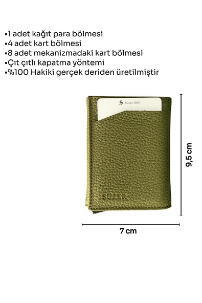 Haki Otomatik Mekanizmalı Üçe Katlamalı Hakiki Deri Kredi Kartlık - 3007-Haki - Resim 5