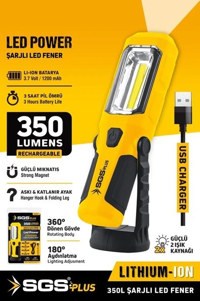 Sgs 5054 Şarjlı Mıknatıslı Ledli Fener Tamirci Aydınlatma Lambası 350 Lümen Usb Şarjlı 4 Kademeli Sarı SGS5054 - Resim 2
