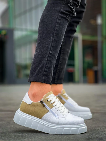 KB-X155 Kuback Beyaz Cilt Bej Süet Detaylı Beyaz Yüksek Taban Günlük Spor Ayakkabı - 3
