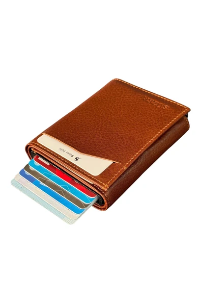 Taba Otomatik Mekanizmalı Üçe Katlamalı Hakiki Deri Kredi Kartlık - 3007-Taba ürün görseli