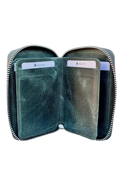 Crazy Haki Hakiki Deri Fermuarlı Mini Boy Unisex Spor Cüzdan - 3035-Haki - Resim 2