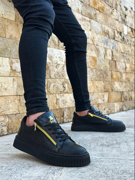 SNR-308 BOA Kalın Yüksek Taban Çift Fermuarlı Siyah Siyah Erkek Ayakkabı - 4