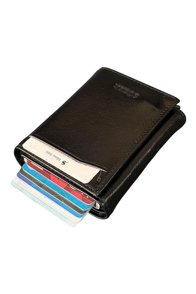 Siyah Otomatik Mekanizmalı Üçe Katlamalı Hakiki Deri Kredi Kartlık - 3007-Siyah ürün görseli