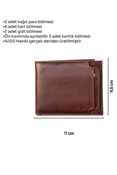 Kahverengi Hakiki Deri Çıkarılabilir Kartlıklı Yatay Klasik Erkek Cüzdan - 3003-Kahve - Resim 5
